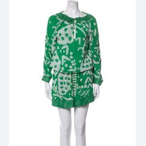 Diane Von Furstenberg Green & White Printed Pleated Tunic Dress Size 6 Polyester